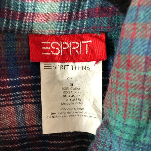 Esprit Teens Flannel Plaid Button-Up Shirt 100% Cotton Green Red Size S - Picture 3 of 3